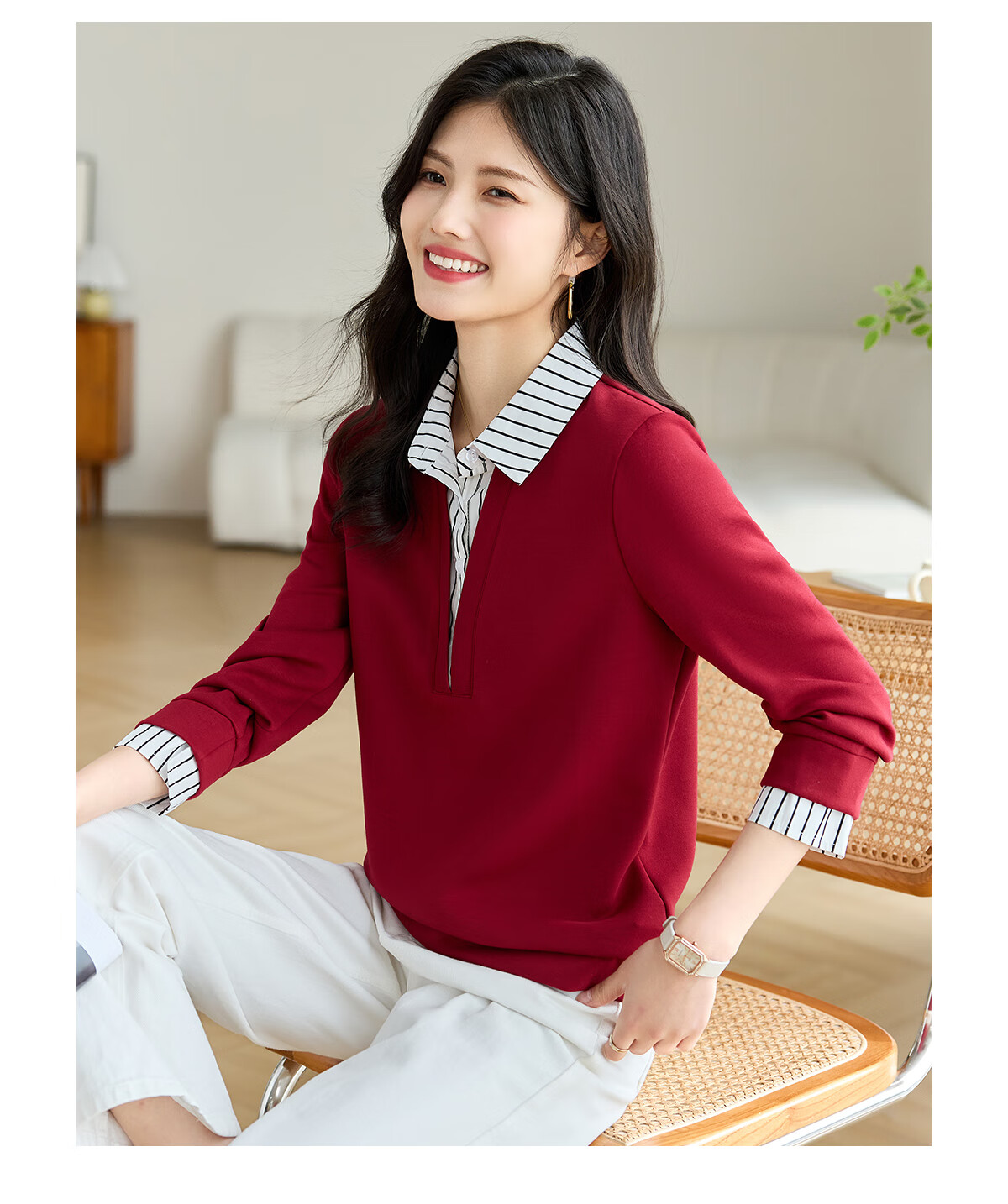 She Enjoy Women's Sweatshirt with Fake Two-Piece Shirt Collar and Striped Patchwork Casual Fashion Versatile Pullover T141W1668 11