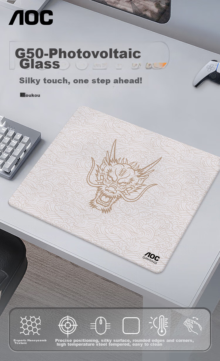 AOC Photovoltaic Glass Film Professional Gaming Mouse Pad, Medium And Small Sizes, 360*300*3mm, Computer Office Keyboard Desk Pad, G50/93 Gray And White 1
