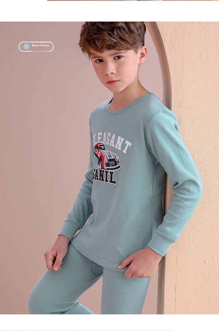 Hodohome Children's Autumn Underwear Set, Boys' Pure Cotton 7A Grade Antibacterial Thin Round Neck Thermal Underwear Set, Sizes 115 120 10