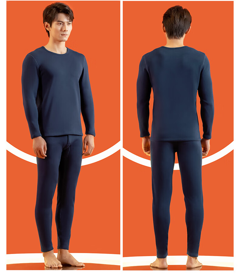 Yiershuang Autumn And Winter [40-Count Non-Shedding Fleece] Men's Round Neck Thermal Underwear Set, Fleece-Lined Thick Base Layer Autumn Top And Pants 22