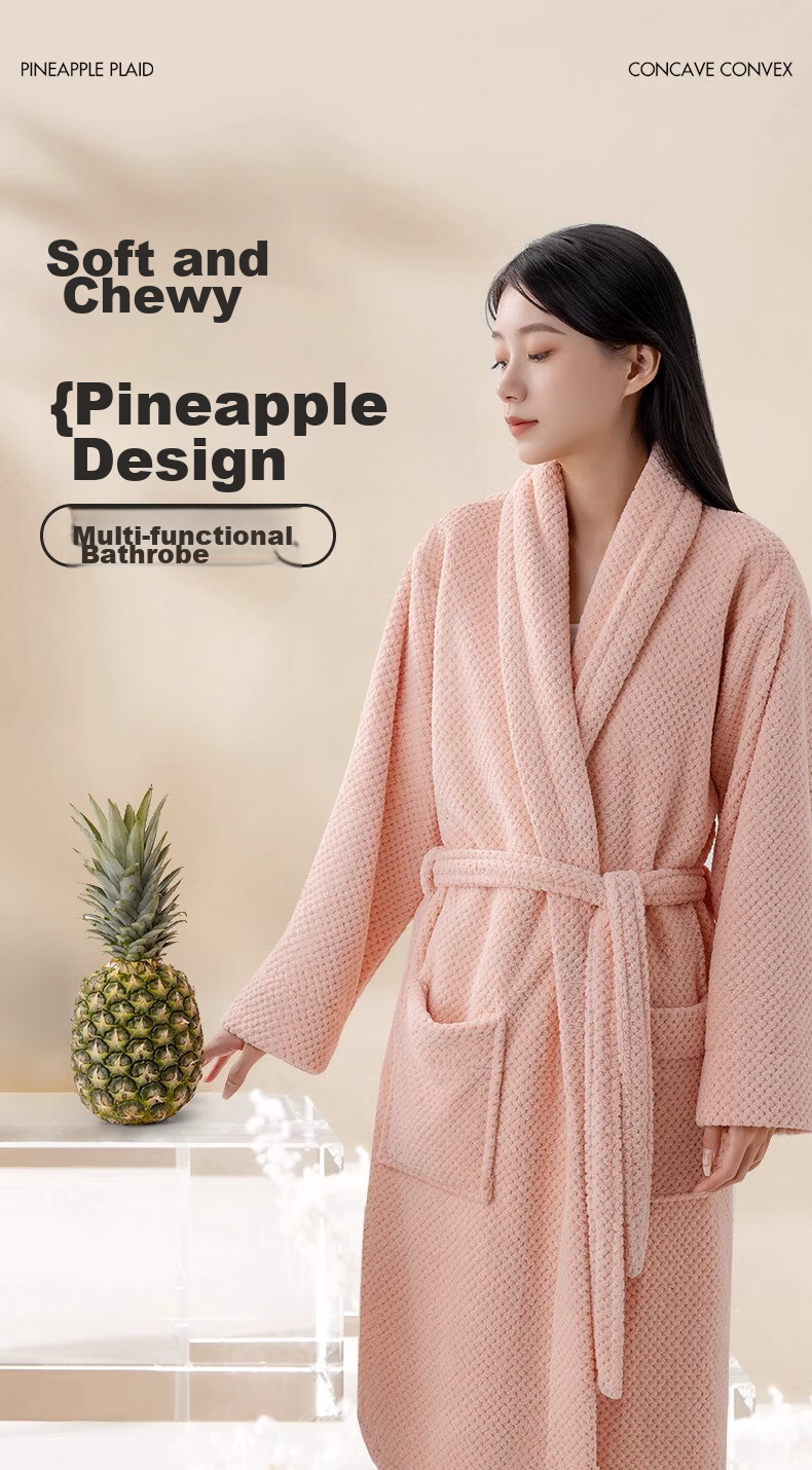 Grace Pineapple Pattern Home Bathrobe, Absorbent Soft Breathable Unisex Couple Pajamas High-End Women's Bathrobe Pink 1