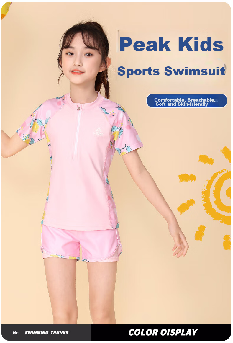 PEAK Children's Swimsuit, Girls' Swim Shorts Set, Two-Piece Swimsuit for Girls, Big Medium Small Kids Swimwear, Hot Spring Set, Blue, Size 130 1