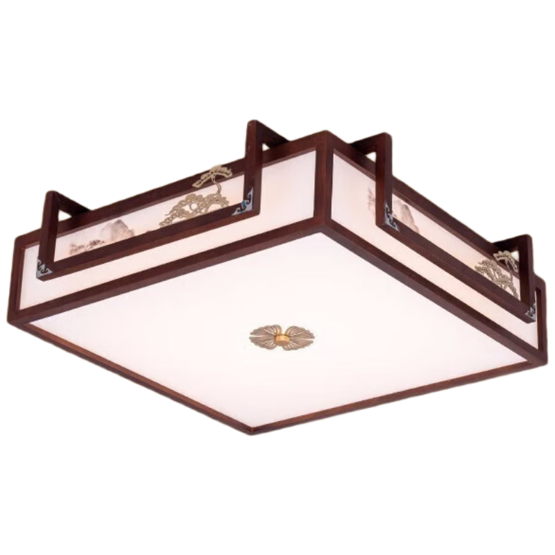 NVC New Chinese-Style Ceiling Light, Three-Color Dimming, 36W, Ink Blue Mountain Classical Wood Art, Antique Style Bedroom Lighting Fixture