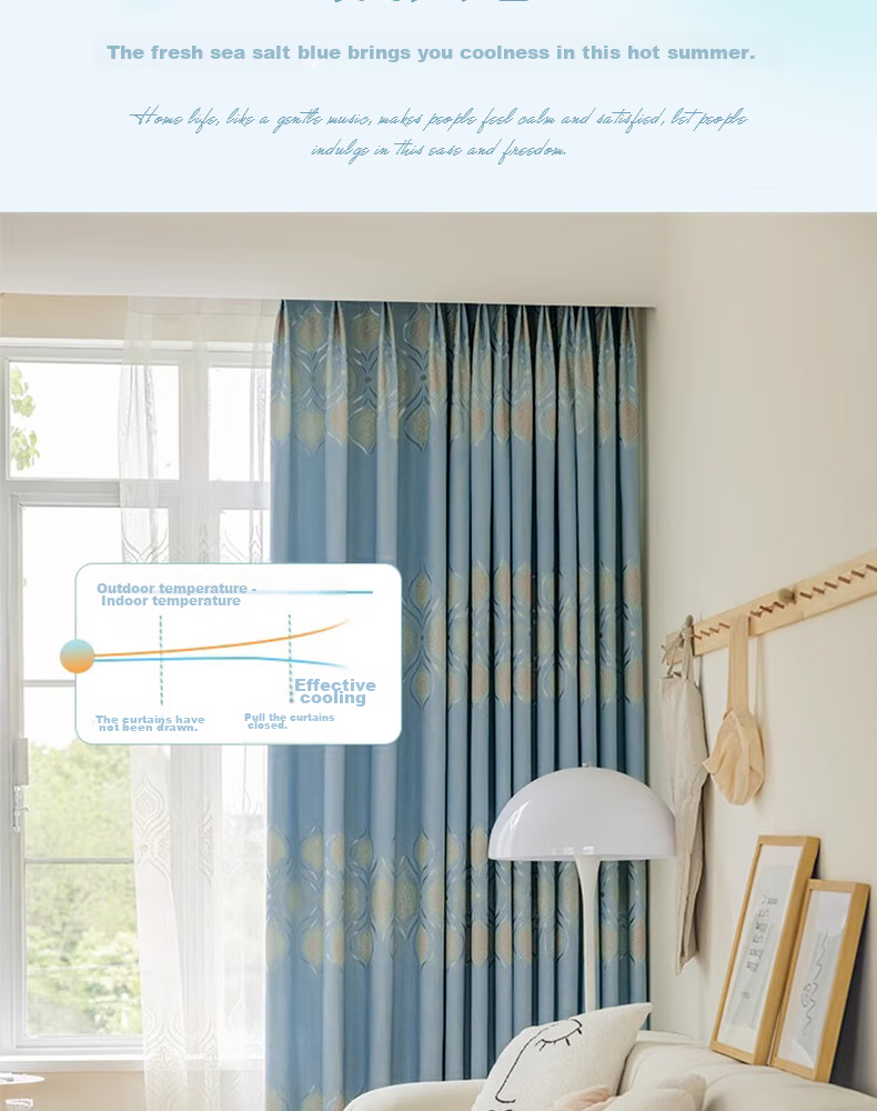 Ali Living Room Bedroom Blackout Curtains, Bamboo Cotton Jacquard Blue Hook Style, 2.0m Wide * 2.2m High Single Panel 2