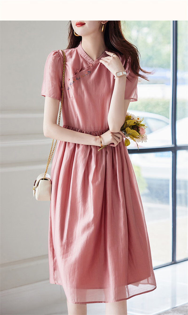 Dme [Elegant A-Line Embroidered Dress] Summer Commuter Stand-Collar Button-Up Midi Dress for Wome 12
