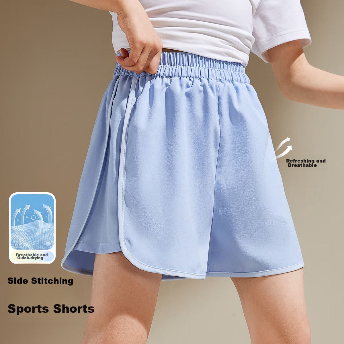 ASK JUNIOR Offline Matching Girls' Summer Loose Sports Shorts with Side Seam Stripes, Casual Children's Pants, Light Blue, Size 110