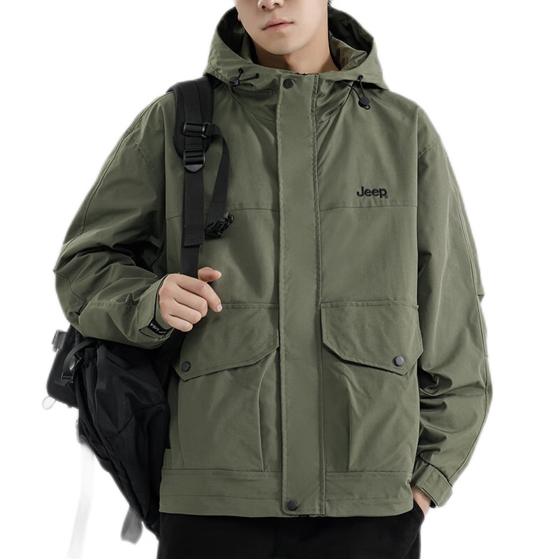 JEEP Men's Jacket, Spring And Autumn Outerwear, Trendy Casual Loose Workwear Clothing for Men, Army Green, 3XL