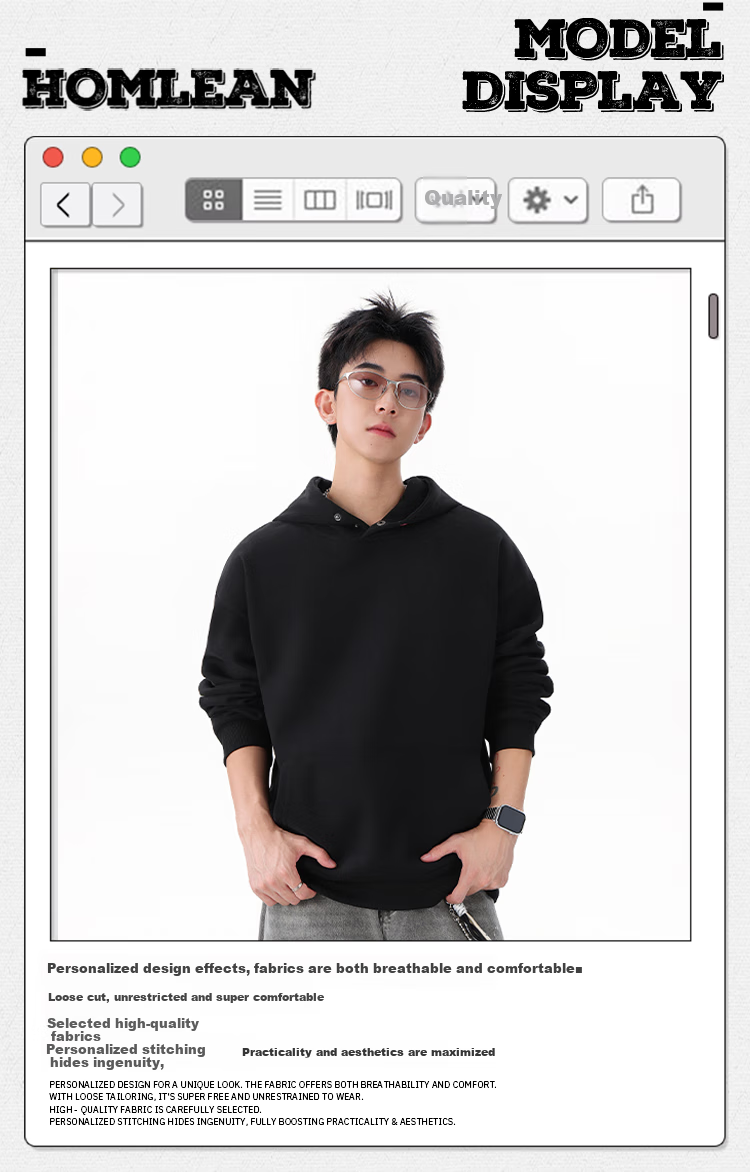 Homlean American-Style Heavy Hooded Sweatshirt, Spring Men's High Street Solid Color Versatile Loose Casual Top, HQ20 Black 2XL 8