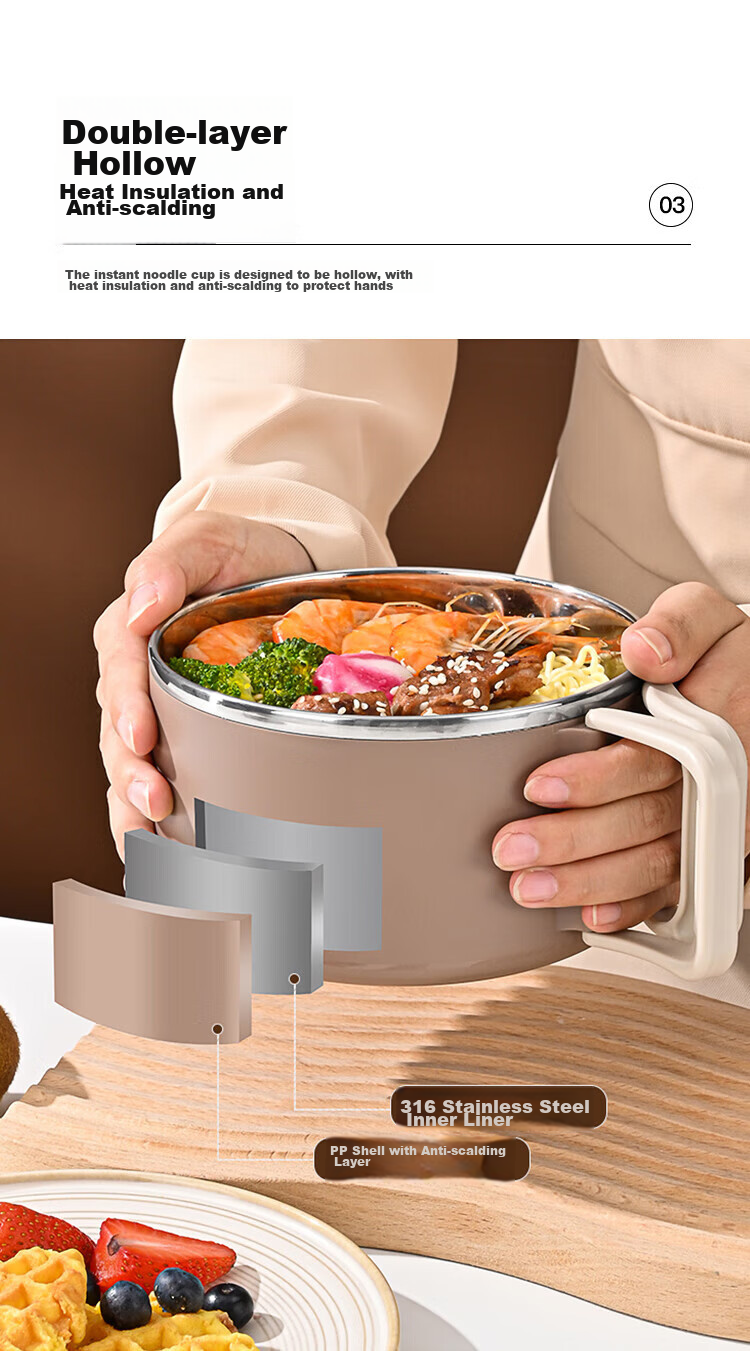 MAXCOOK 316 Stainless Steel Ramen Bowl with Folding Handle, Student Lunch Box, Meal Cup, Ramen Cup 1200ML with Spoon MCWA7697 7