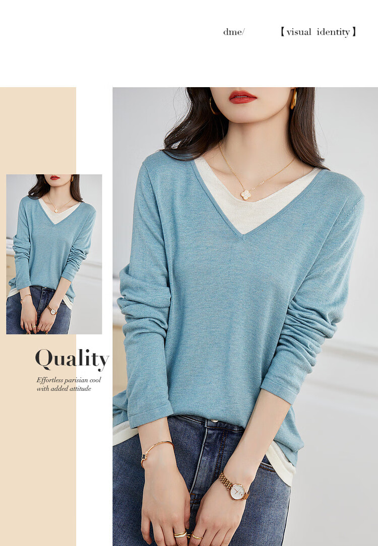 Dme [Color-Block Casual Knit Sweater] Spring And Autumn Commuter V-Neck Loose Long-Sleeve Sweater for Wome 14