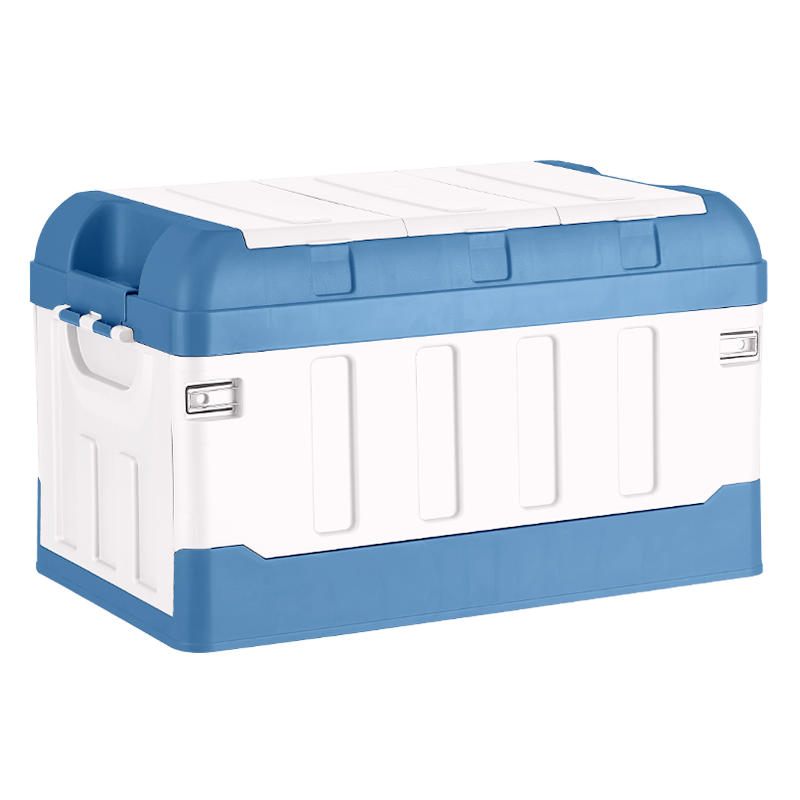 YUECAR Trunk Storage Box, Car Storage Container, Foldable Organizer Box with Three Lids, 75L White And Blue