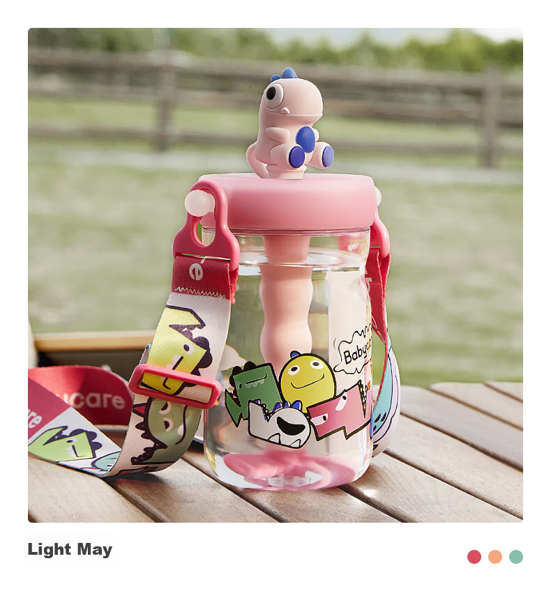 Babycare Dinosaur Straw Water Bottle for Children, Direct Drinking Cup for Toddlers, Kindergarten And Elementary School Water Bottle for School, Outdoor Sports Pink 12