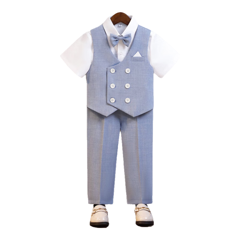LUOBOBEIBEI Boys' Suit, Spring And Summer Children's Vest Set, Children's Day Performance Outfit, Gray-Blue Short-Sleeve Four-Piece Set, Size 140
