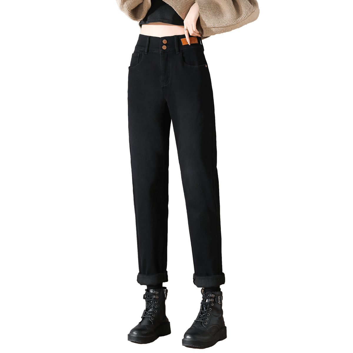 Dme Fleece-Lined Retro Dad Pants, Winter Thickened Warm Elastic Waist Harem Women's Jeans, Smoke Gray Black, Size 26
