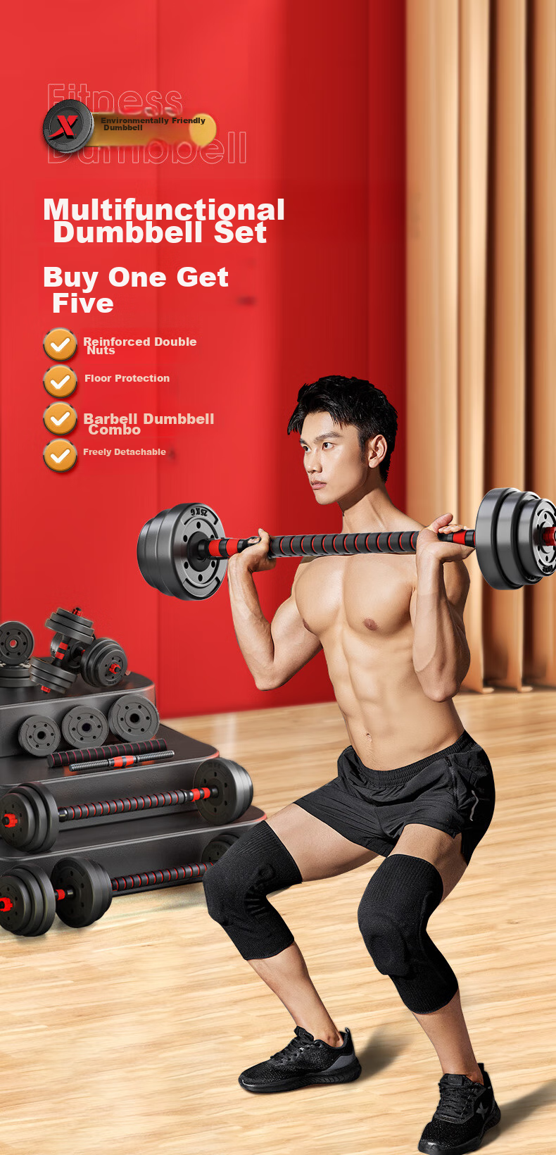 XTEP Dumbbell And Barbell Fitness Equipment Set for Men And Women, Adjustable And Detachable Home Weightlifting Training Kit with 15KG*2 4