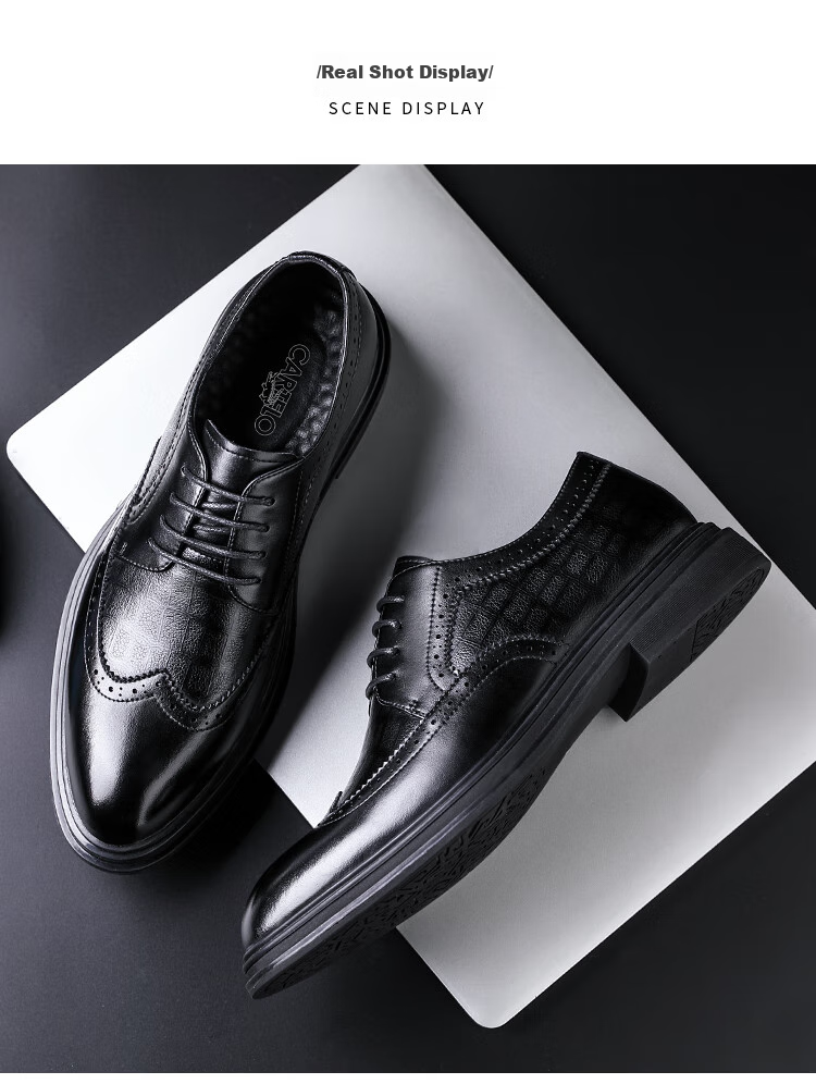 CARTELO Brogue Men's Shoes, British Low-Top Lace-Up Leather Shoes, Soft Cowhide Breathable Business Shoes 9342, Black, Size 38 8