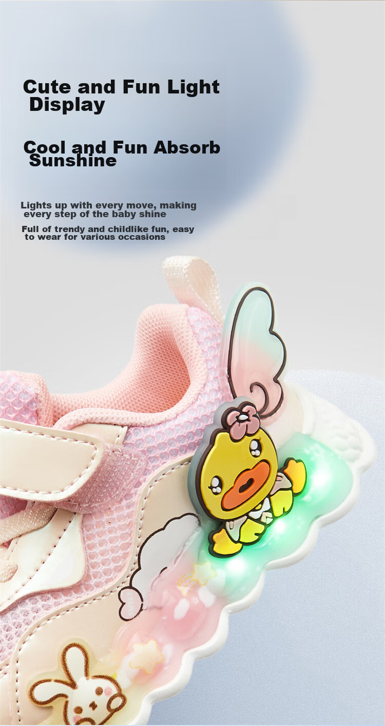 B.Duck Children's Shoes, Girls' Soft-Soled Sneakers, Light-Up Shoes with Flashing Lights, Spring And Autumn Season Bright-Light Shoes, White And Purple, Size 22 13