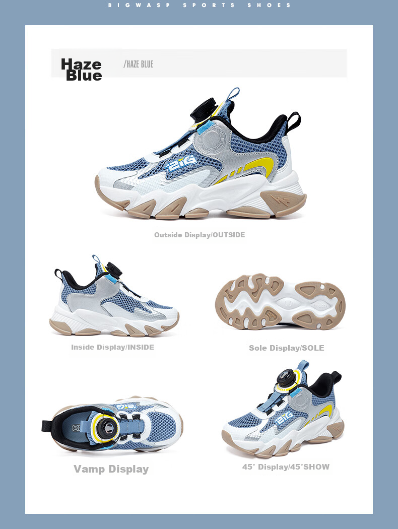 BIG WASP Children's Shoes, Boys' Sneakers, Summer New Style Mesh Rotating Buckle Breathable Running Shoes for Older Kids, Casual Footwear 7