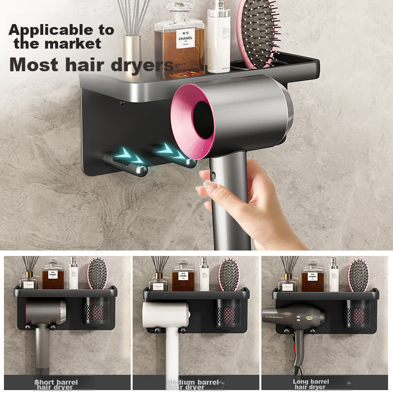 MUYA Hair Dryer Holder, No Drilling Required, Bathroom Aluminum Alloy Bracket with Hooks, for Dyson And Other Electric Hair Dryers