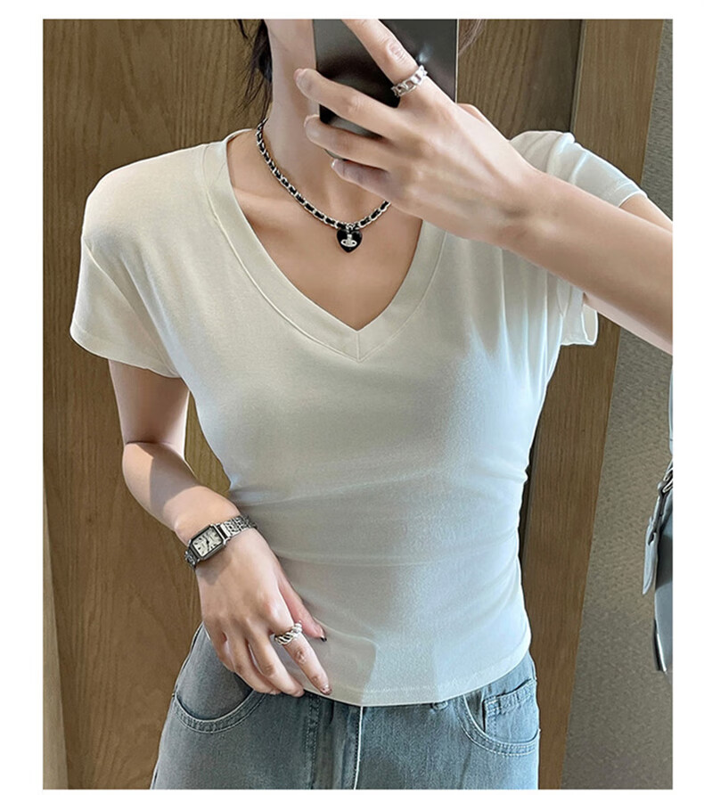 XUEXIMAN Women's Summer T-Shirt, Stylish And Simple Design, Slim Fit with Waist-Cinching V-Neck, Wrinkled High Cotton Short Sleeves for Wome 13
