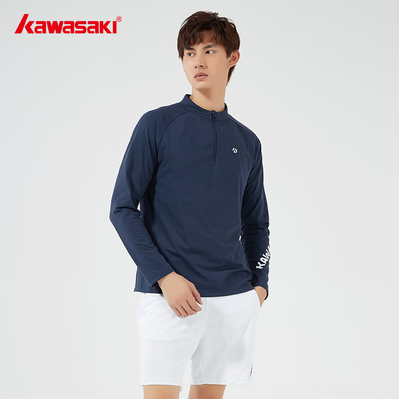 KAWASAKI Badminton Shirt for Men, Long-Sleeve Sports Top, Knitted T-Shirt A1435, Navy Blue, XL