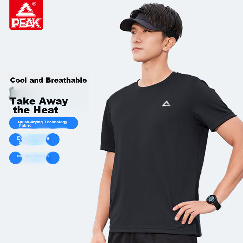 PEAK Short-Sleeve Men's Summer Quick-Dry T-Shirt, Breathable Running Top, Fitness Wear, Casual Sportswear, Sweat-Wicking Morning Jogging, Black