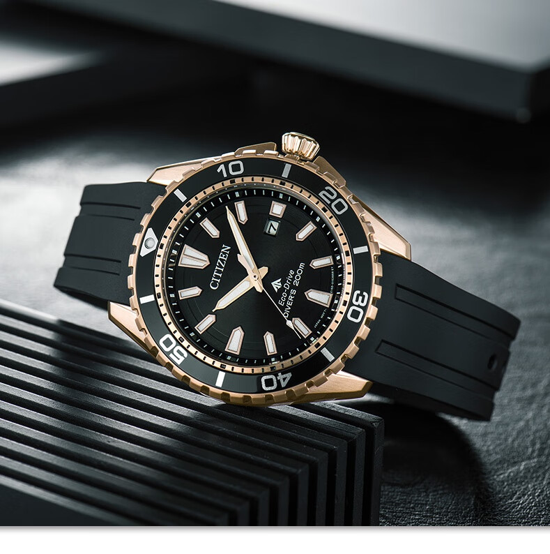 西铁城(citizen)光动能不锈钢玫瑰金表壳黑色表盘运动休闲男表bn0193