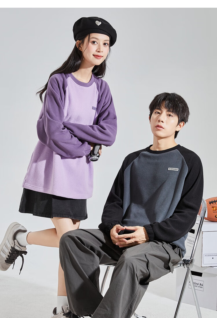 TonLion 2023 Couple's Matching Round Neck Raglan Sleeve Fleece Sweatshirt, Men's Style/black, S 10