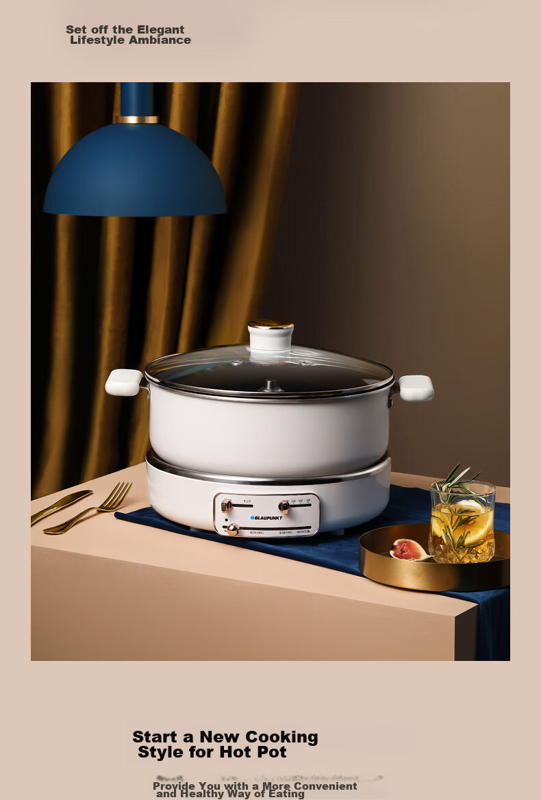 BLAUPUNKT Electric Hot Pot with Adjustable Height, Multi-Functional Cooking Pot for Home Use, 5L Detachable Electric Cooker with Magnetic Stove, Electric Stew Pot, Barbecue Meat Frying Stir-Frying Stewing Pot, Light Luxury Blue H1 5