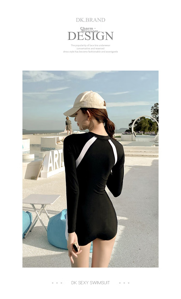 DK Women's Swimsuit, Korean Style, Sexy yet Modest, Long Sleeves, Sun Protection, Tummy Control, Slimming One-Piece Sportswear for Swimming And Hot Springs, XL 7