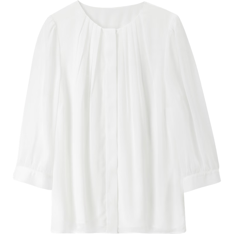 Sentubila Fashionable Chic Round Neck Three-Quarter Sleeve Chiffon Blouse for Women Autumn High-Grade Youthful Elegant Commuter Top White XL