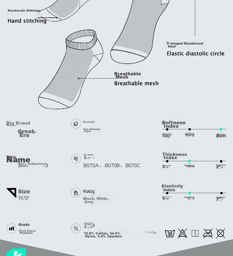 Dashidai Official Antibacterial Deodorizing Socks, Unisex Sports Socks, Cotton Socks with Antibacterial And Sweat-Absorbing Properties, B070C Long Socks, 2 Black, 2 White, 2 Gray 20