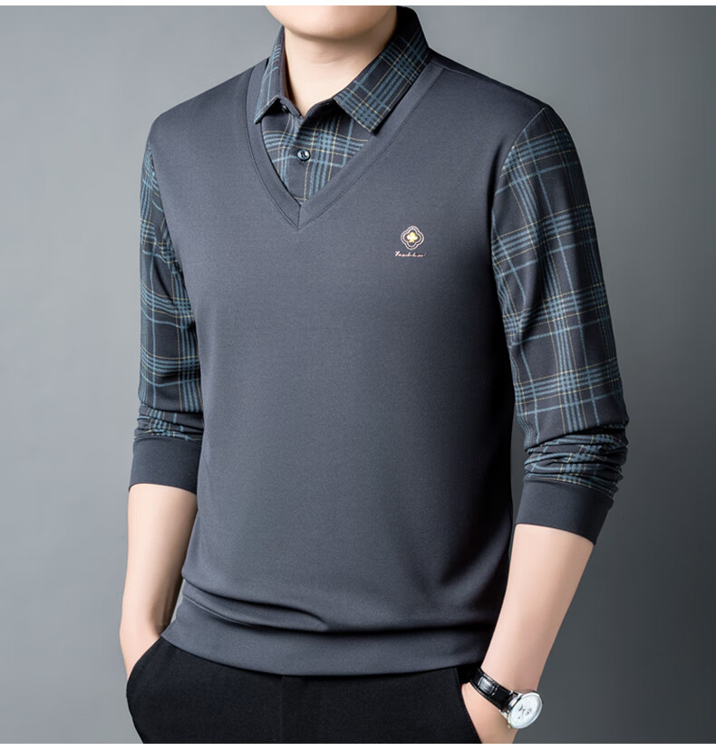 Pierre Cardin Men's Long Sleeve T-Shirt Spring Autumn Business Casual Two-in-One Polo Shirt Dark Gray XL 3