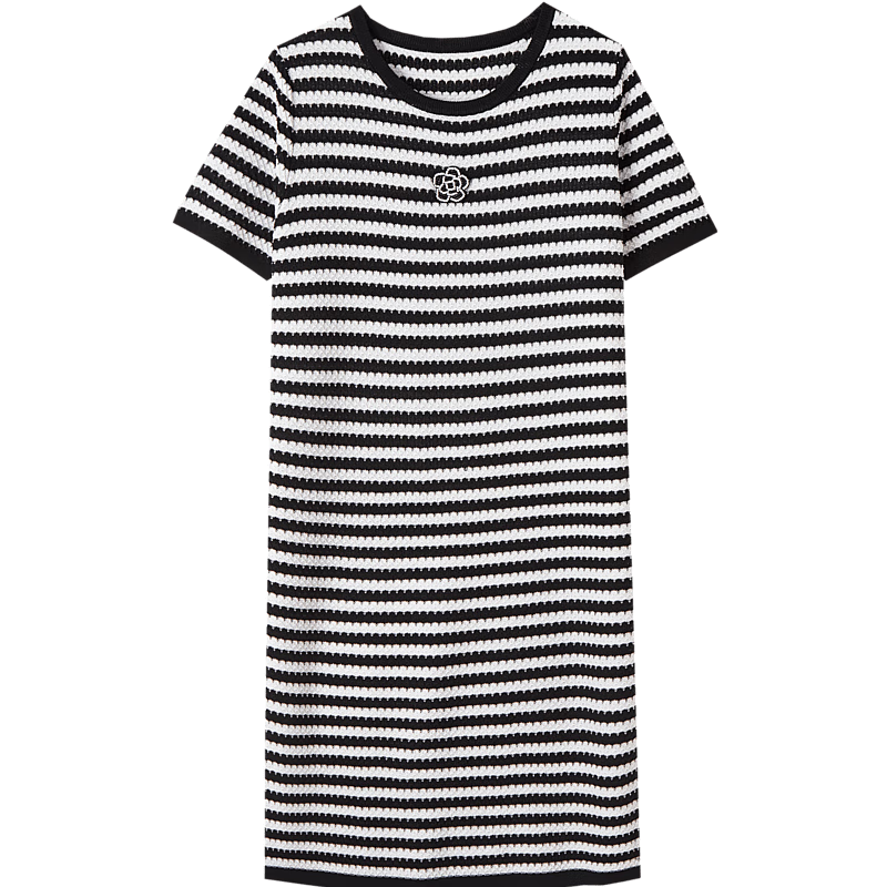 Dme [Ice Silk Dress], Summer Pullover Slightly Stretchy Contrasting Color Knitted Short-Sleeve Dress