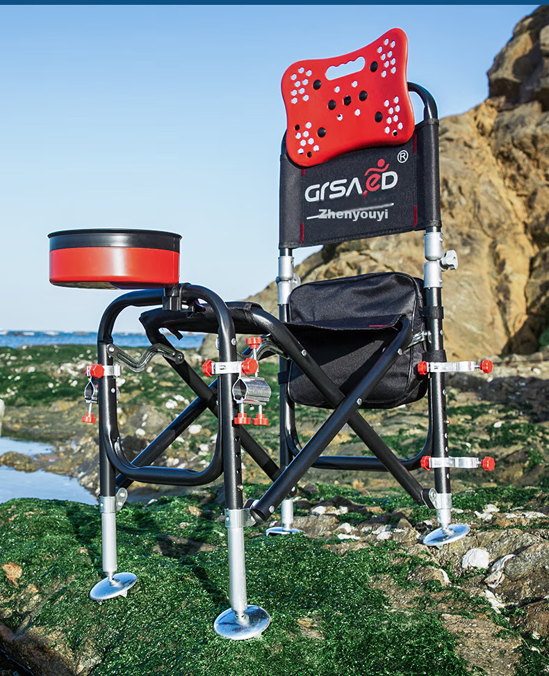 Grsaed Fishing Chair, All-Terrain Thickened Metal Knight Chair, Multifunctional Outdoor Folding Chair, Lightweight Complete Set of Fishing Chairs, Black And Red 23