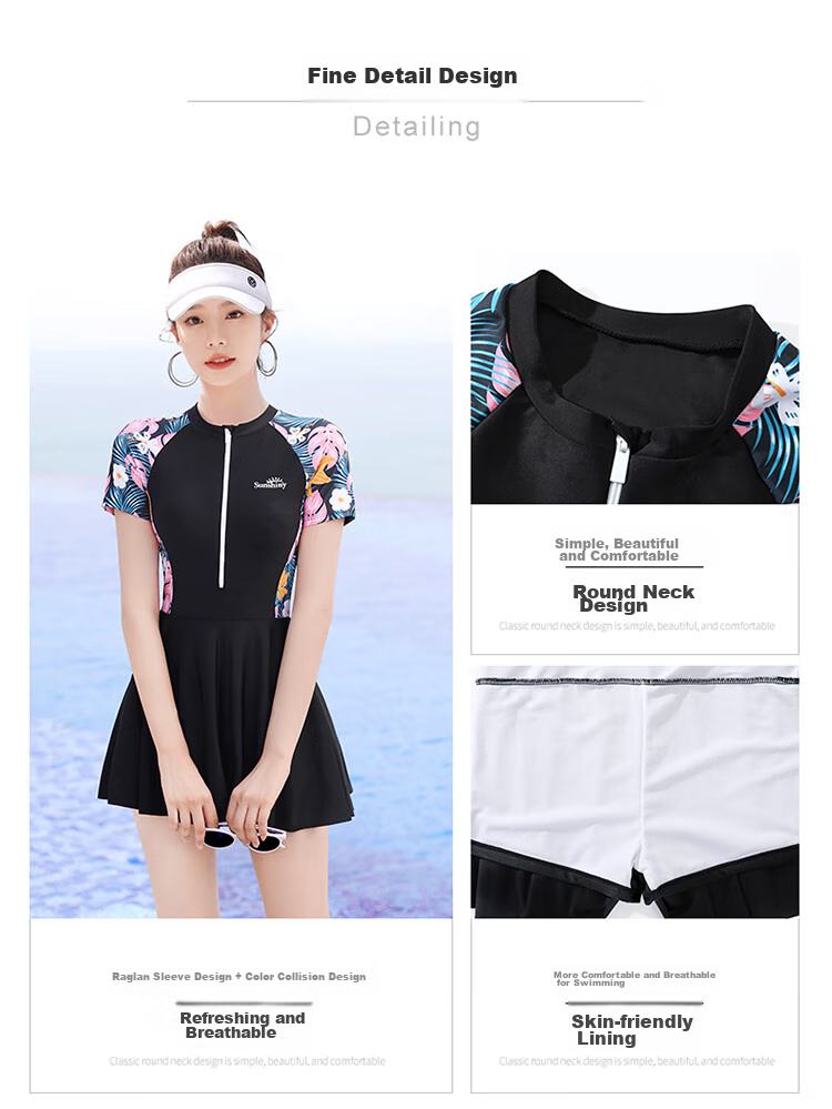 F.DYRAA Women's Swimsuit, Tummy Control, Slimming, Elegant, One-Piece Dress, Conservative Swimwear, Three-Piece Set, 12030 Black, 2XL 3