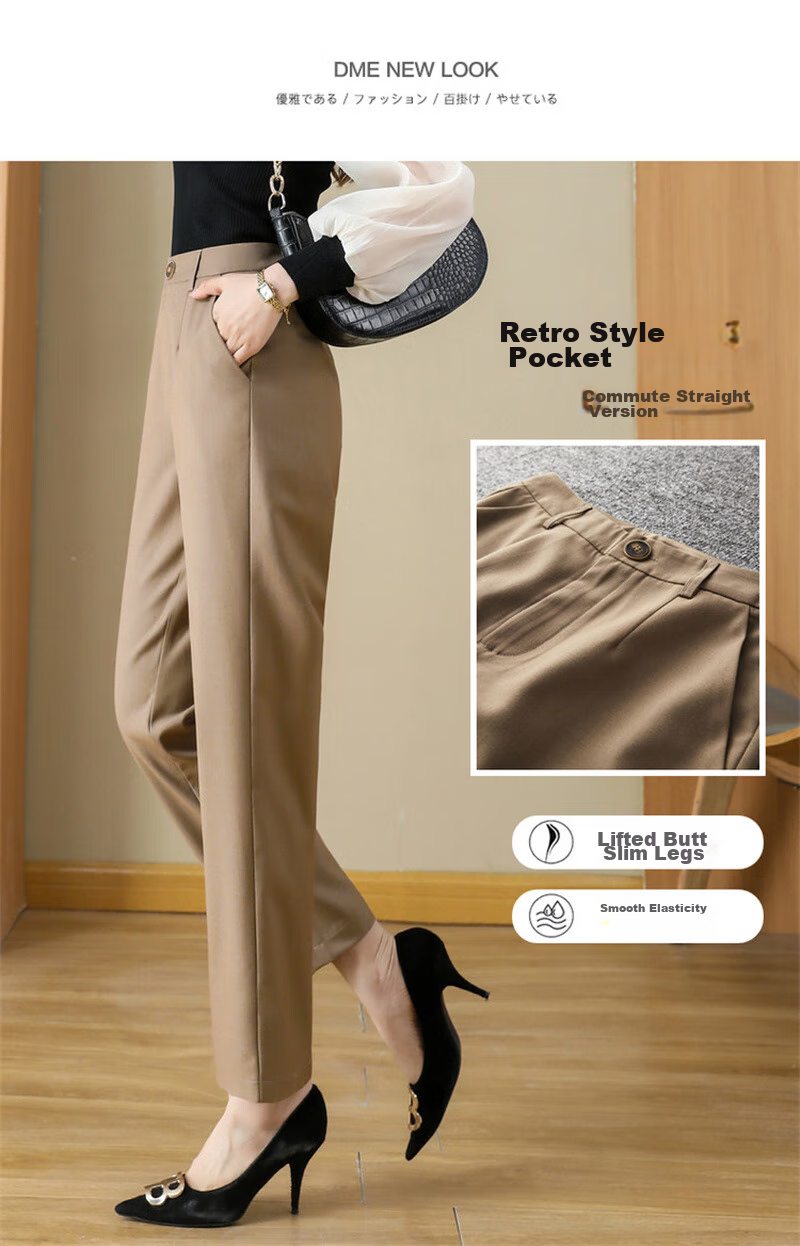 Dme Cropped Pants for Spring And Autumn, New Straight-Leg Suit Pants with Fake Pockets, Casual Trousers for Women, Khaki, S 16