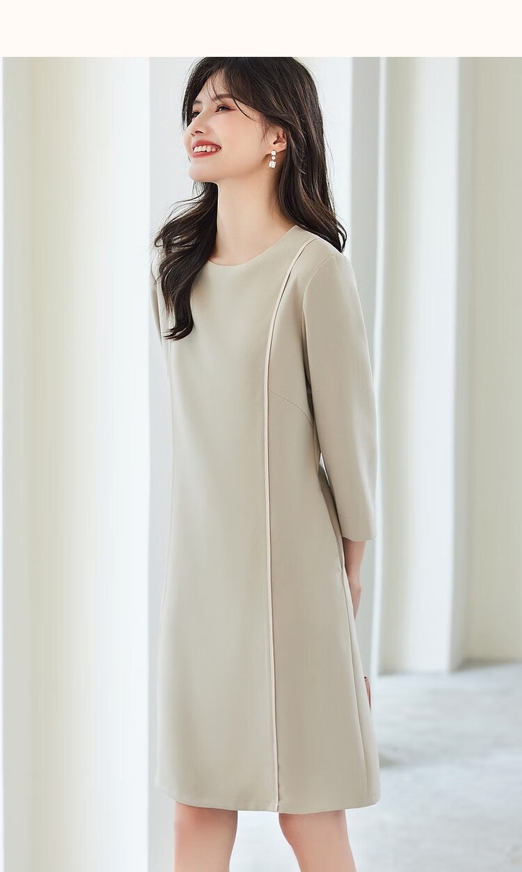 Dme [Modern Women] Spring And Autumn Commuter Round Neck Slim-Fit Three-Quarter Sleeve Elegant Midi Dress for Wome 22