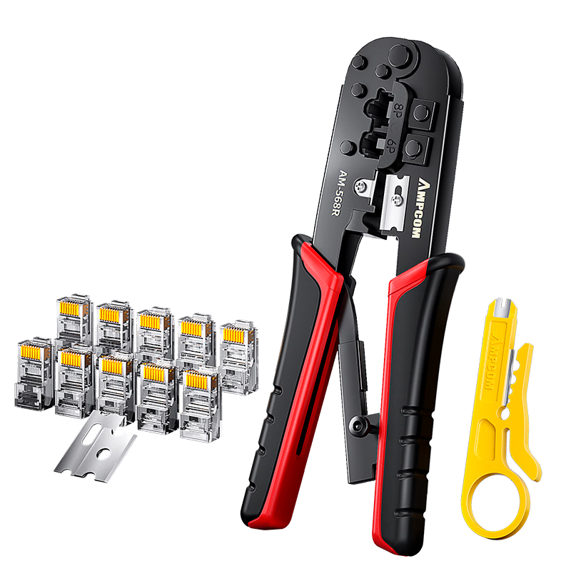 AMPCOM's AMPCOM Network Cable Crimper, 8P6P Cat5e/Cat6 RJ45 Connectors Crimping Tool, Wire Stripper And Crimping 3-In Multi-Functional Ratchet Labor-Saving Tool for Network And Telephone Cables AR56814