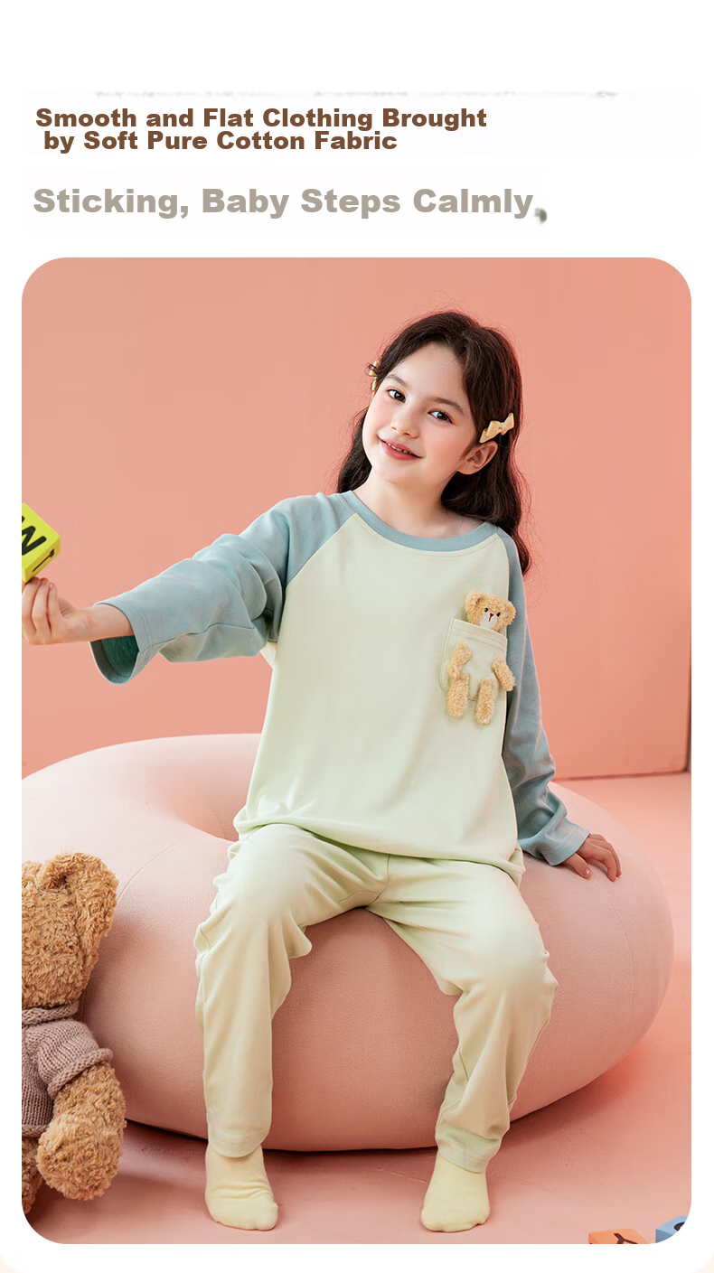 Fenteng Children's Pajamas for Girls, 100% Cotton Spring Season Three-Dimensional Bear Raglan Sleeve Sleepwear for Older Kids Q9FX257930976 10