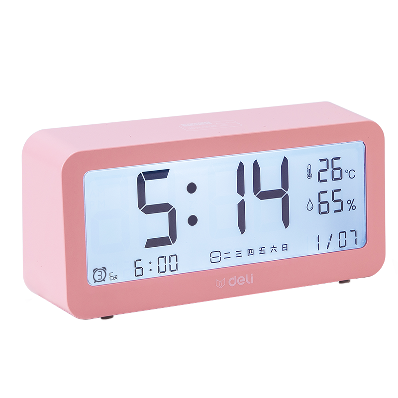 Deli Multifunctional Alarm Clock, Electronic Clock, Simple Student Style, Backlit Large Screen, Temperature And Humidity Meter, Time Management, Pink 8826, Back-To Season, New Year Gift