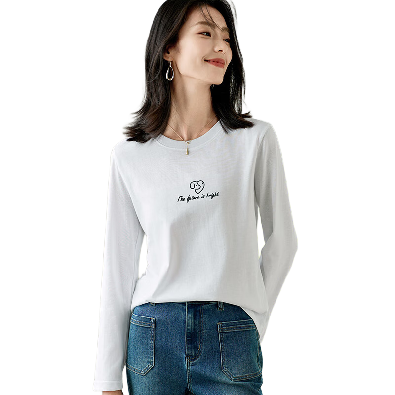 Chushen Women's Spring and Autumn Long Sleeve T-Shirt Pure Cotton Basic Loose Letter Print Crew Neck Top S143T2013