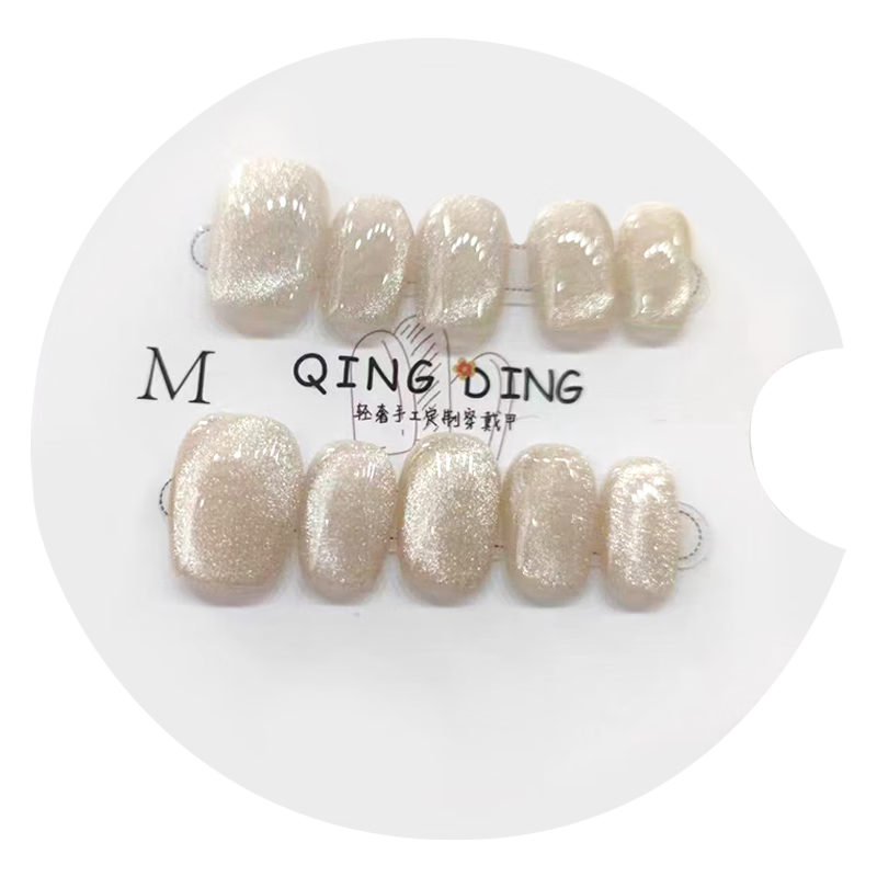 Chense Handmade Wearable Nail Stickers, Nail Tips, Short Fake Nails (White Moon Cat Eye M Size)