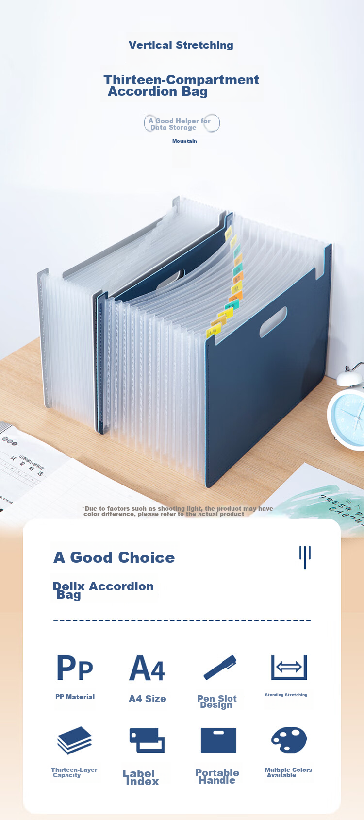 Deli 13-Slot A4 Drawstring File Folder, Multi-Layer Classification Storage, Accordion File for Student Exam Papers, Large Capacity Document Storage in Off-White 5238 2