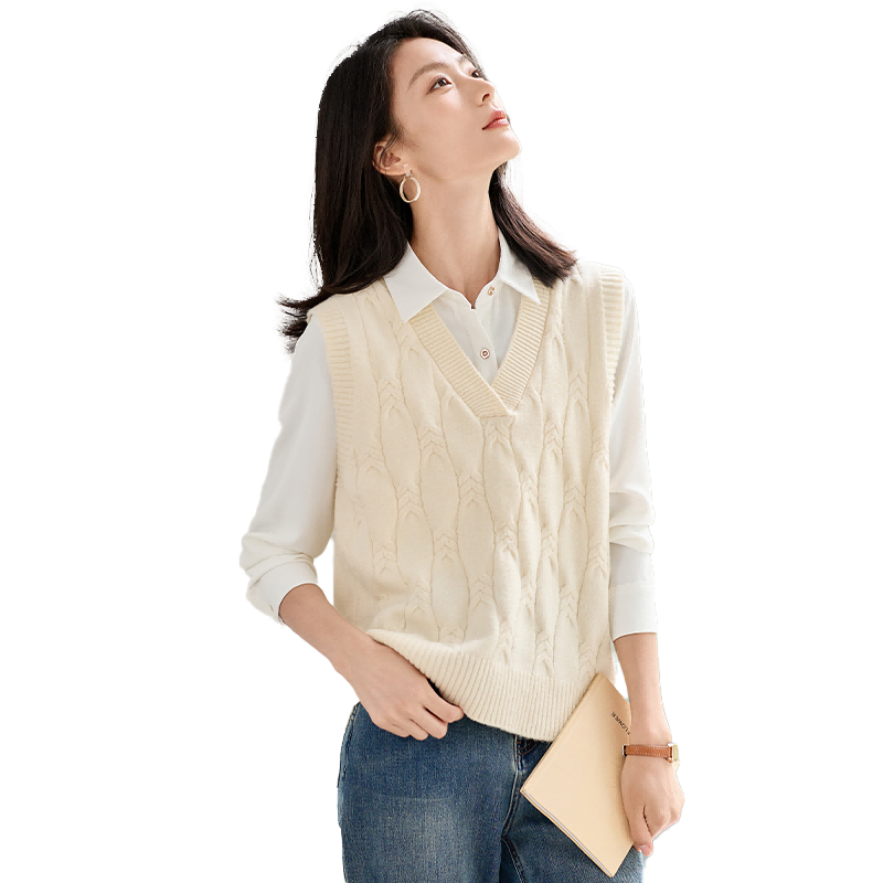 Chushen Women's Fashion V-Neck Layered Knitwear Versatile Solid Color Knit Vest Sweater S143Z5001