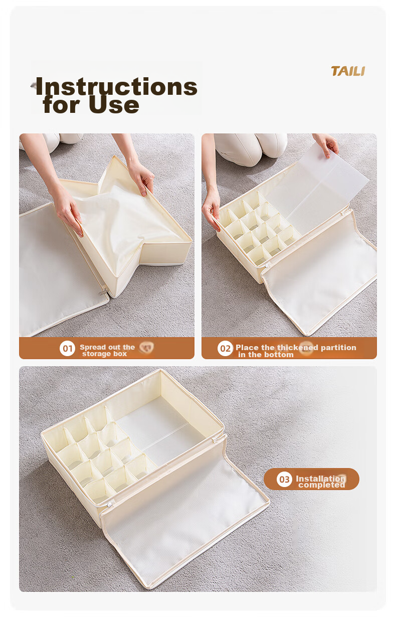 Taili Underwear Storage Box with Four Compartments, Foldable Closet Organizer Basket for Home Use, 1 Piece in Beige 13