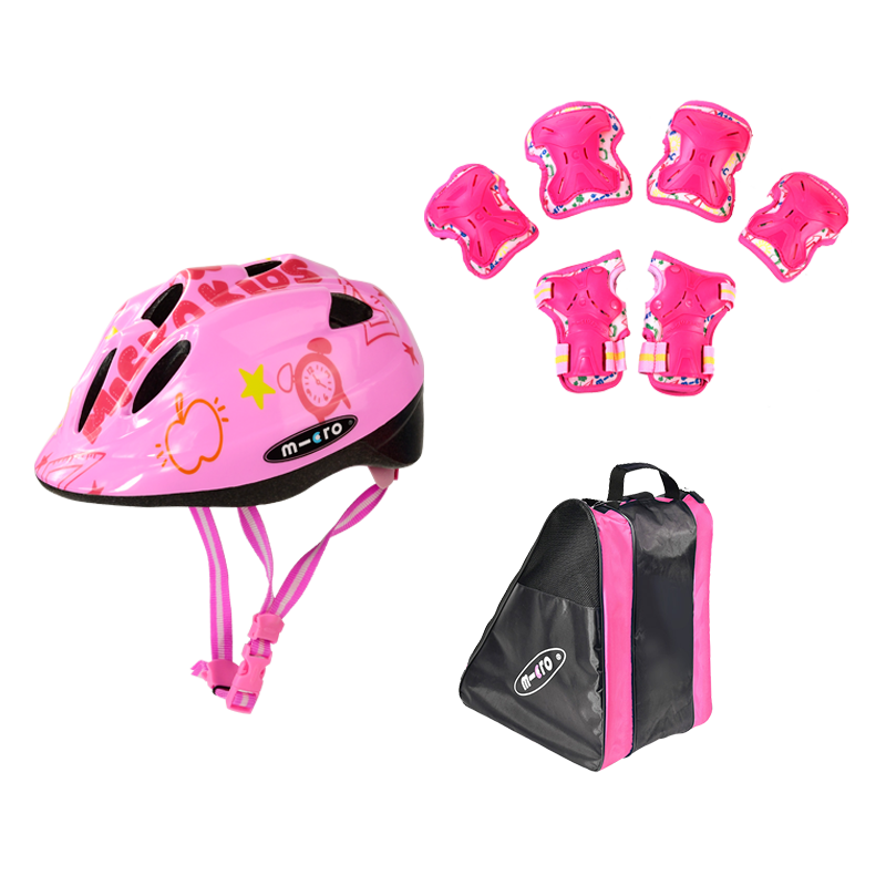 Micro Maiguo Children's Helmet Roller Skating Protective Gear Ice Skating Cycling Hand Guard Elbow Guard Knee Pads FLY Pink Set Size S