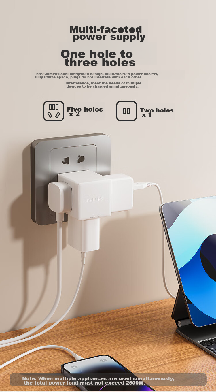 PHILIPS Cube Power Adapter, Dormitory Converter Plug, Socket Extender, Mini Wireless One-To Socket Converter, 1 Outlet 2 Holes + 2 Outlets 5 Holes Combination Socket 1032W 4