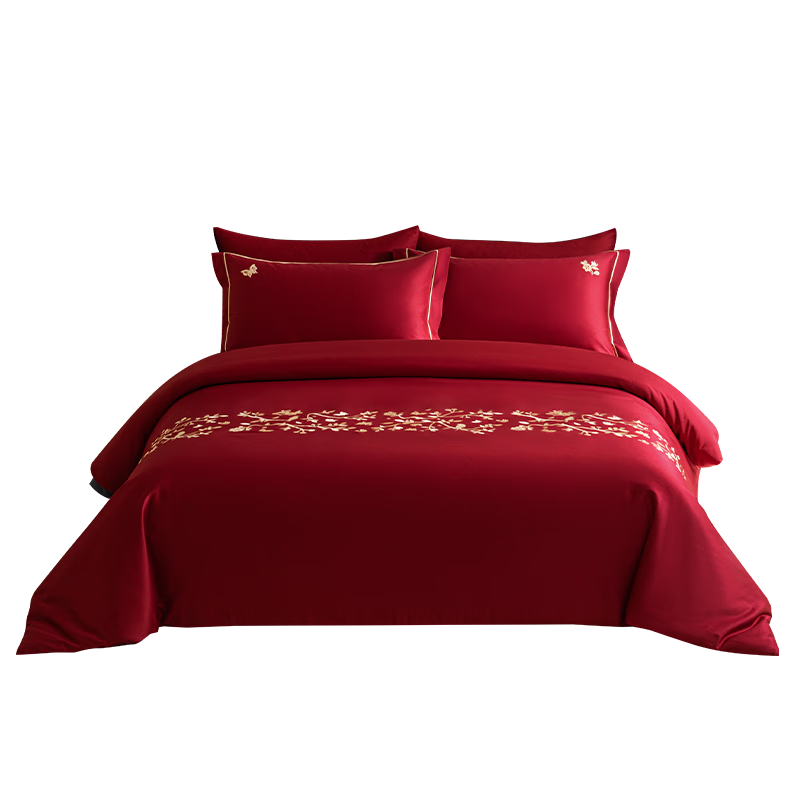 MIDO HOUSE Mingdu 100% Cotton Wedding Bedding Set, Pure Cotton Red Bed Sheet And Duvet Cover, 200x230 Cm, Magpie on Branch