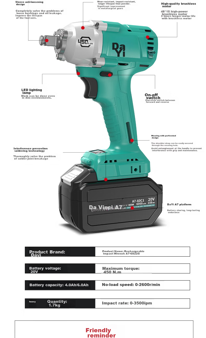 Dayi Electric Wrench 6822G-2, High Torque Electric Wrench, A7 Pneumatic Impact Wrench, Rechargeable Impact Wrench for Auto Repair, Sold by JD 13